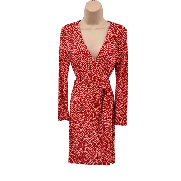 Ann Taylor Wrap Dress Womens 6 Red White Polyester Valentine's‎ Heart Print NEW - Picture 1 of 10